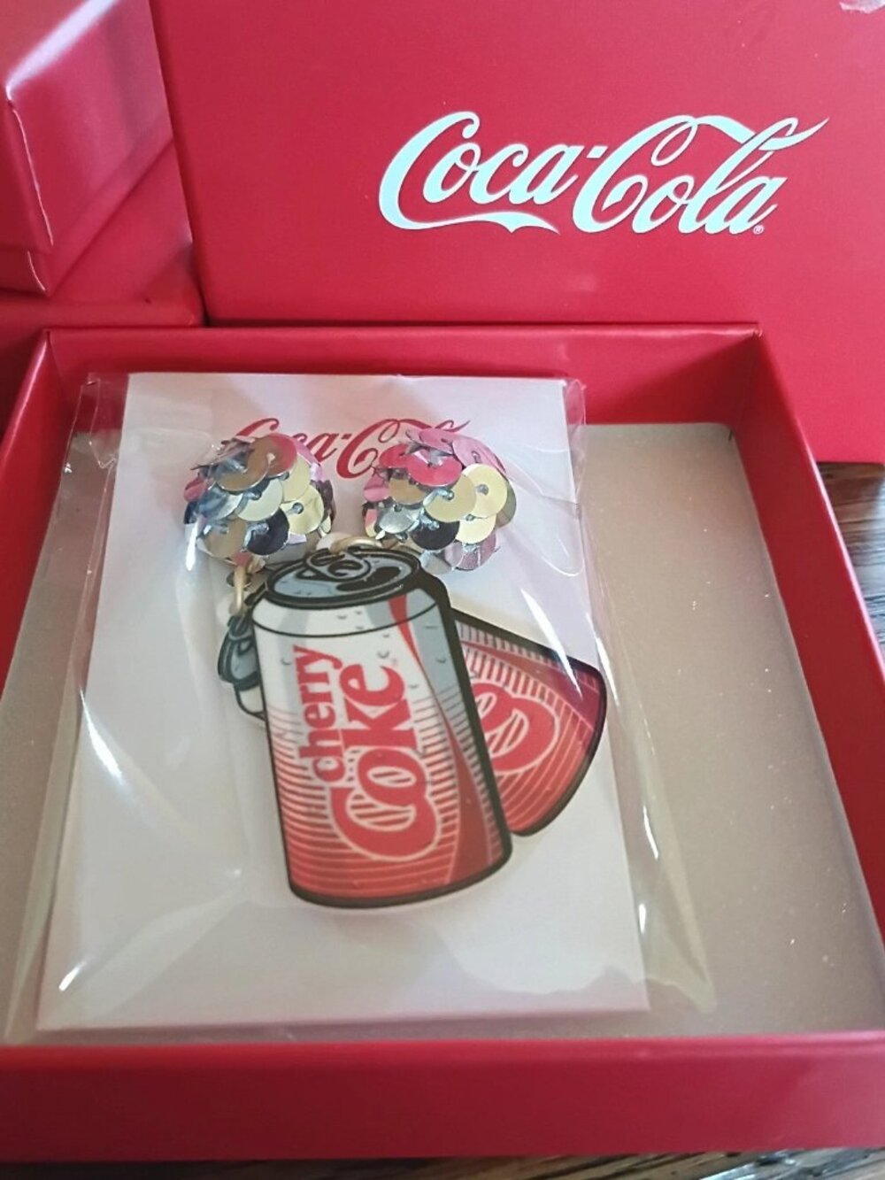 Coca-Cola Cherry Coke Can Pierced Earrings NIB Sequins Soda Collectible